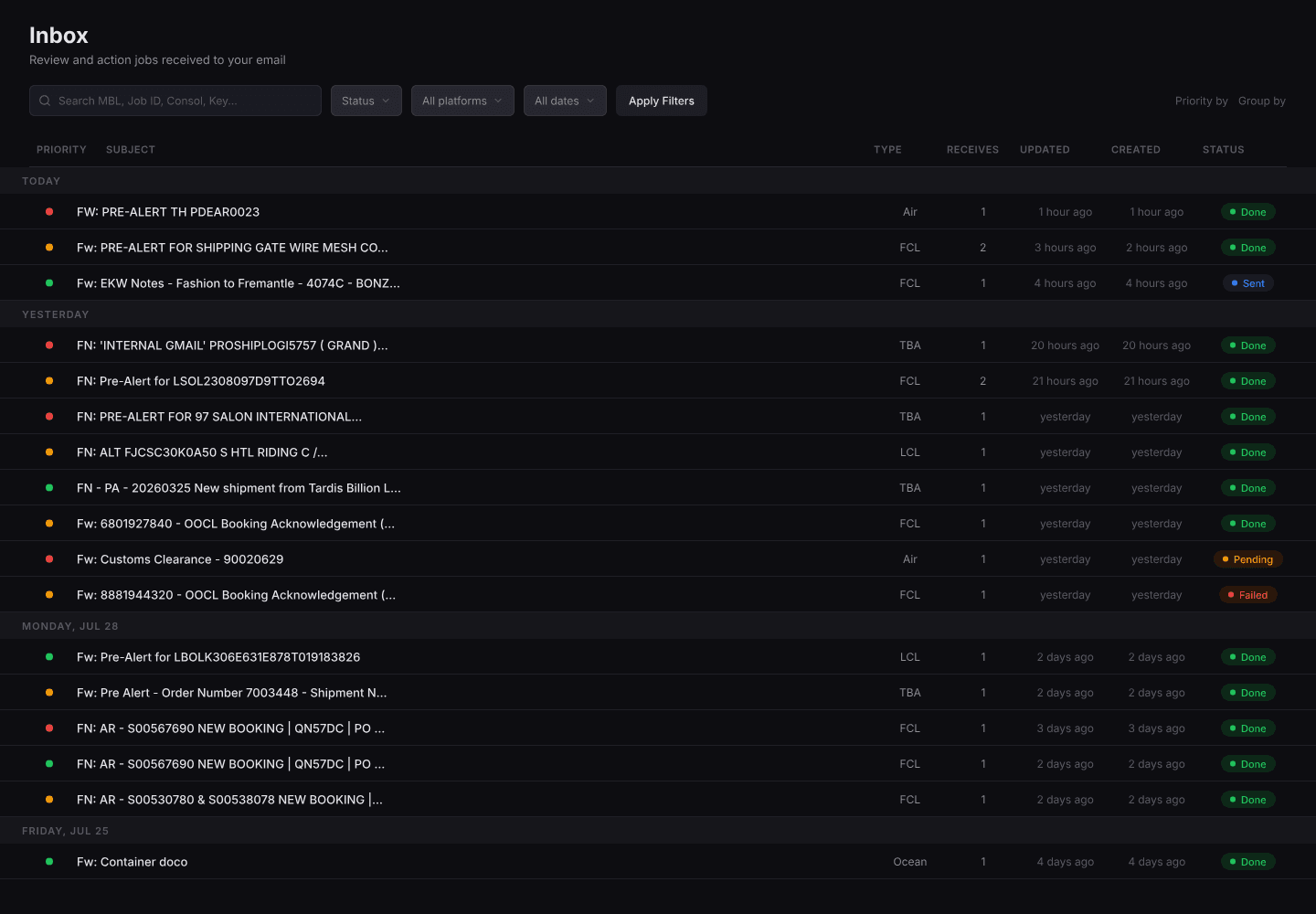 TaluxIQ Inbox — review and action jobs received to your email